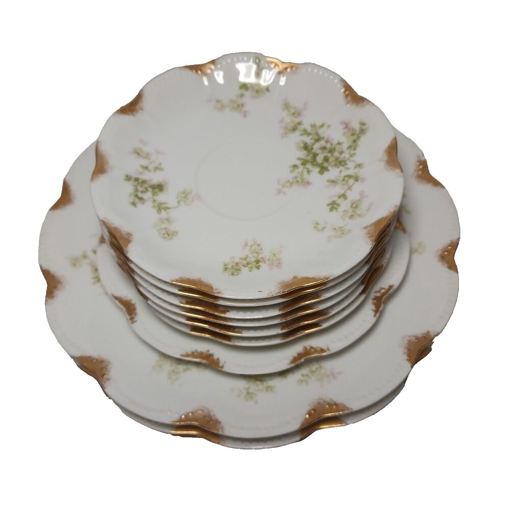 Haviland Limoges Set  Schleiger 67 Pink Green Floral Dinner Plates and Saucers